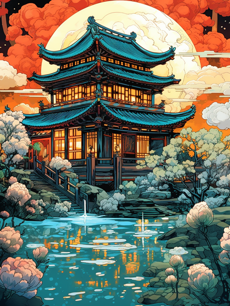 夜间的明月和亭台楼阁前的池塘中国风背景,插画/手绘图,插画/手绘图库,插画/手绘图下载,插画/手绘